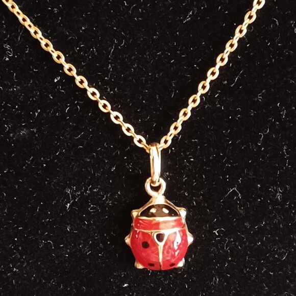 14K  Italy Yellow Gold Lady Bug Enamel Lucky Charm Pendant & CableChain - Picture 1 of 6